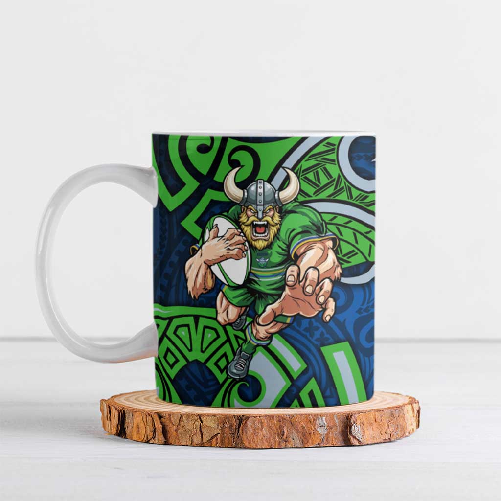 Canberra Raiders Rugby Ceramic Mug Polynesian Tribal Viking Warrior Green Blue Pattern