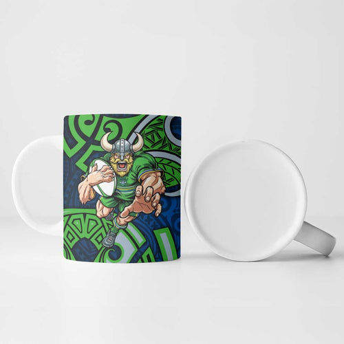 Canberra Raiders Rugby Ceramic Mug Polynesian Tribal Viking Warrior Green Blue Pattern