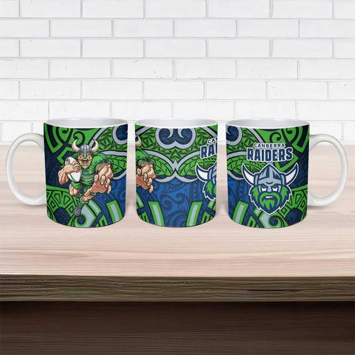 Canberra Raiders Rugby Ceramic Mug Polynesian Tribal Viking Warrior Green Blue Pattern