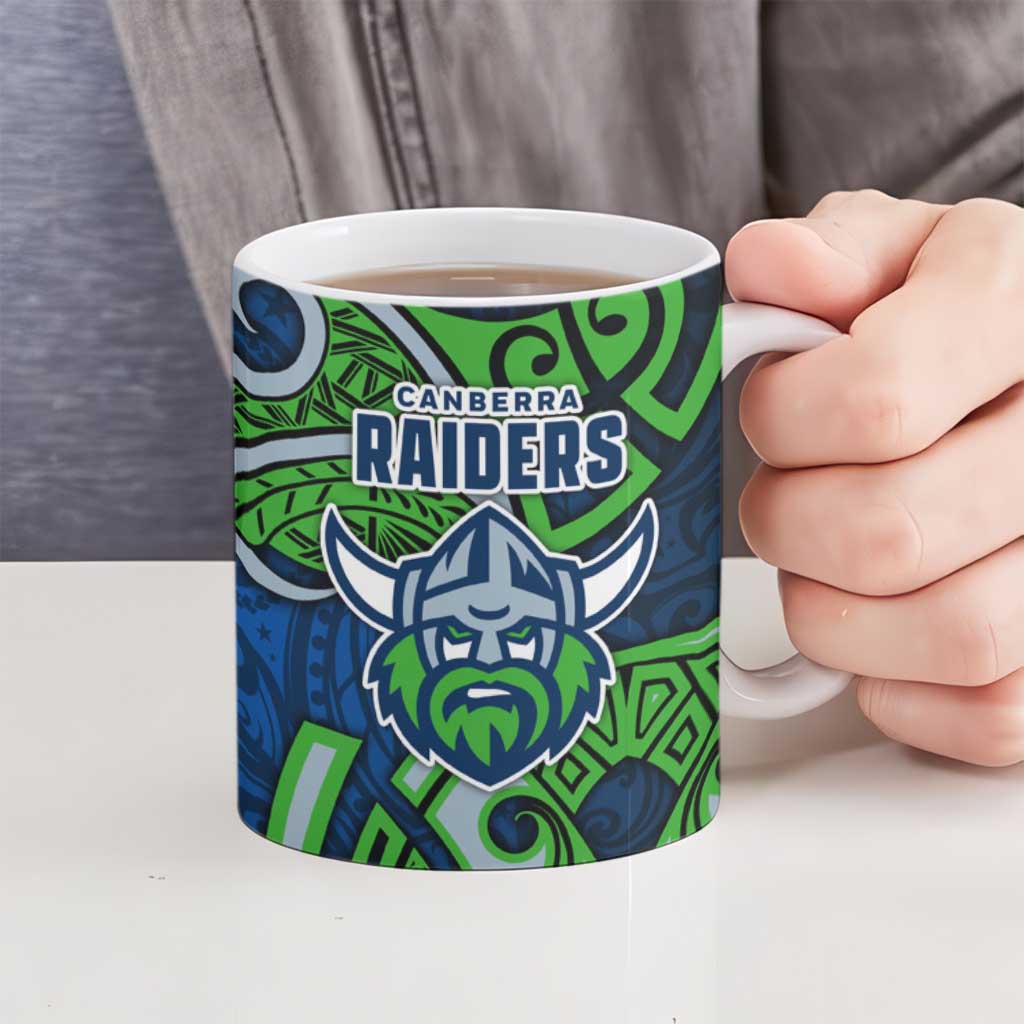 Canberra Raiders Rugby Ceramic Mug Polynesian Tribal Viking Warrior Green Blue Pattern