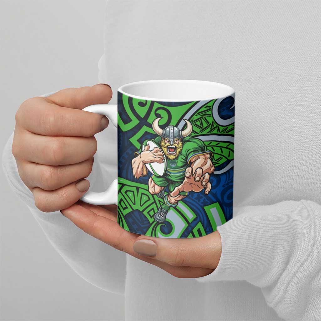 Canberra Raiders Rugby Ceramic Mug Polynesian Tribal Viking Warrior Green Blue Pattern