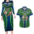 Canberra Raiders Rugby Couples Matching Long Sleeve Bodycon Dress and Hawaiian Shirt Polynesian Tribal Viking Warrior Green Blue Pattern