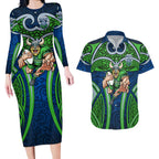 Canberra Raiders Rugby Couples Matching Long Sleeve Bodycon Dress and Hawaiian Shirt Polynesian Tribal Viking Warrior Green Blue Pattern