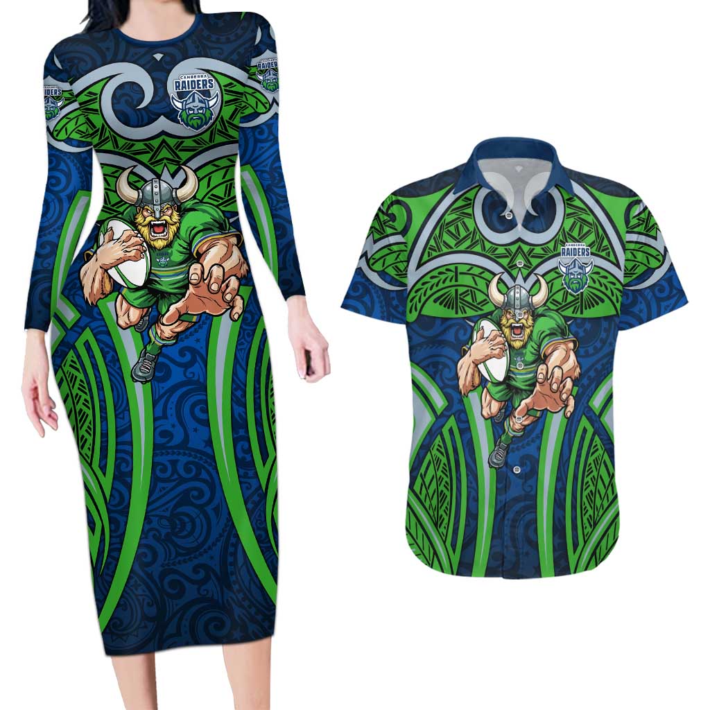 Canberra Raiders Rugby Couples Matching Long Sleeve Bodycon Dress and Hawaiian Shirt Polynesian Tribal Viking Warrior Green Blue Pattern