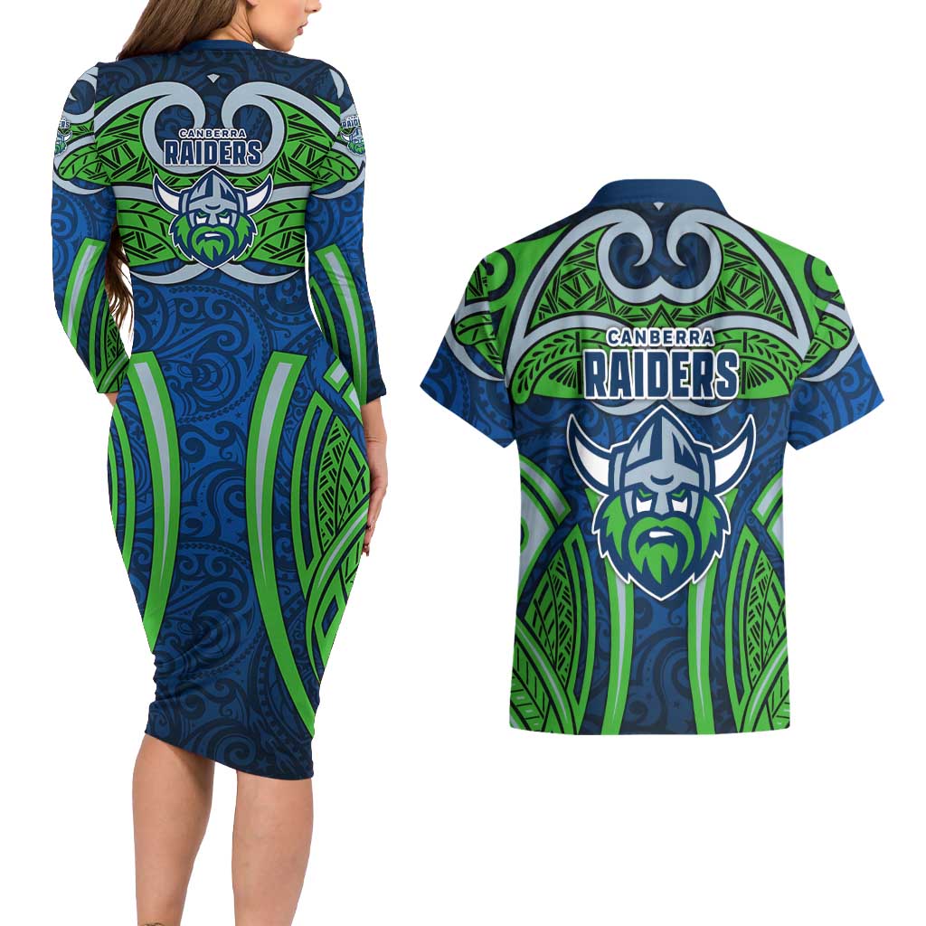 Canberra Raiders Rugby Couples Matching Long Sleeve Bodycon Dress and Hawaiian Shirt Polynesian Tribal Viking Warrior Green Blue Pattern