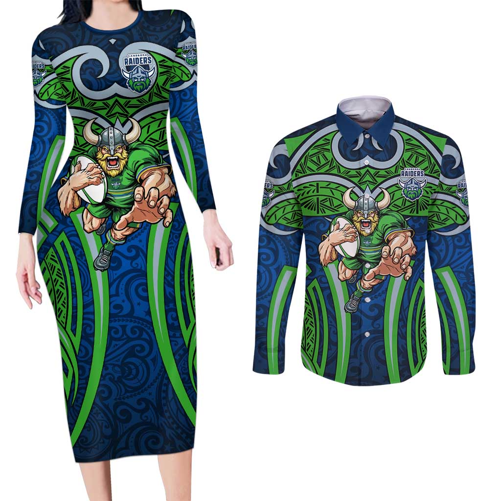 Canberra Raiders Rugby Couples Matching Long Sleeve Bodycon Dress and Long Sleeve Button Shirt Polynesian Tribal Viking Warrior Green Blue Pattern