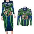 Canberra Raiders Rugby Couples Matching Long Sleeve Bodycon Dress and Long Sleeve Button Shirt Polynesian Tribal Viking Warrior Green Blue Pattern