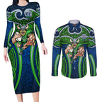 Canberra Raiders Rugby Couples Matching Long Sleeve Bodycon Dress and Long Sleeve Button Shirt Polynesian Tribal Viking Warrior Green Blue Pattern