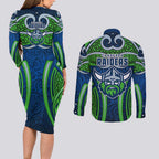 Canberra Raiders Rugby Couples Matching Long Sleeve Bodycon Dress and Long Sleeve Button Shirt Polynesian Tribal Viking Warrior Green Blue Pattern