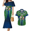 Canberra Raiders Rugby Couples Matching Mermaid Dress and Hawaiian Shirt Polynesian Tribal Viking Warrior Green Blue Pattern