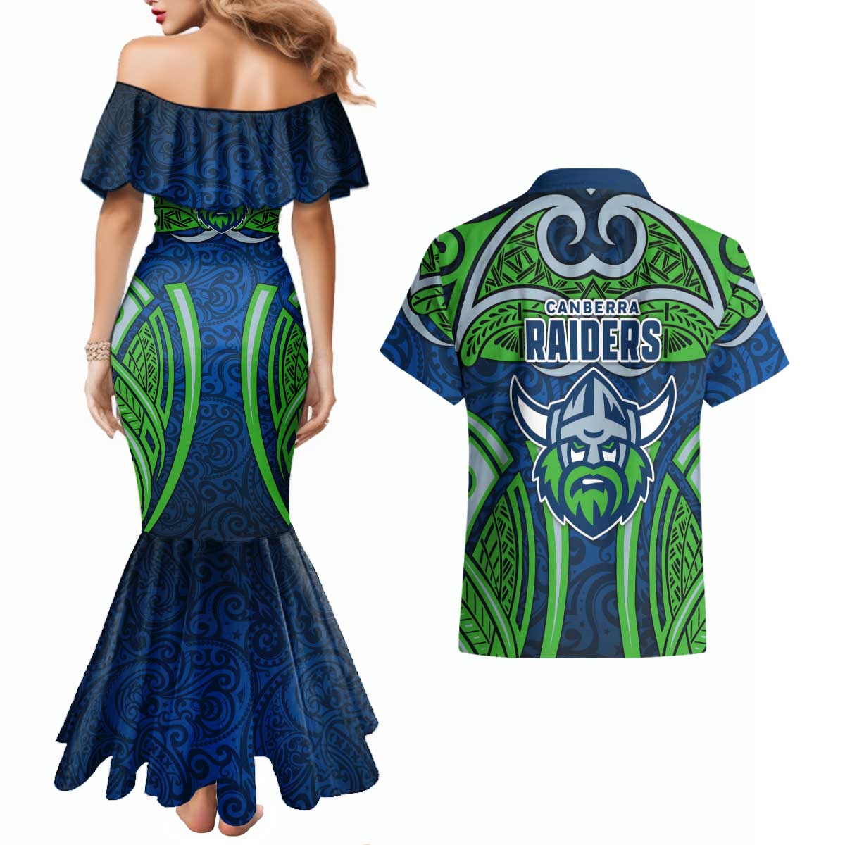 Canberra Raiders Rugby Couples Matching Mermaid Dress and Hawaiian Shirt Polynesian Tribal Viking Warrior Green Blue Pattern