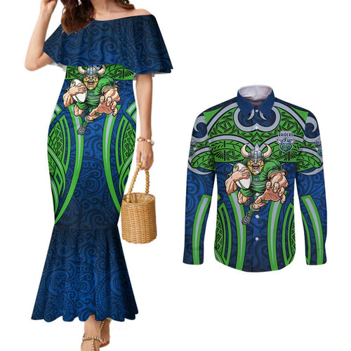 Canberra Raiders Rugby Couples Matching Mermaid Dress and Long Sleeve Button Shirt Polynesian Tribal Viking Warrior Green Blue Pattern