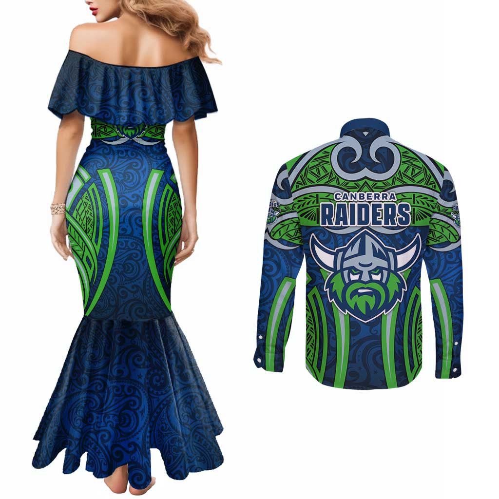 Canberra Raiders Rugby Couples Matching Mermaid Dress and Long Sleeve Button Shirt Polynesian Tribal Viking Warrior Green Blue Pattern