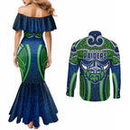 Canberra Raiders Rugby Couples Matching Mermaid Dress and Long Sleeve Button Shirt Polynesian Tribal Viking Warrior Green Blue Pattern