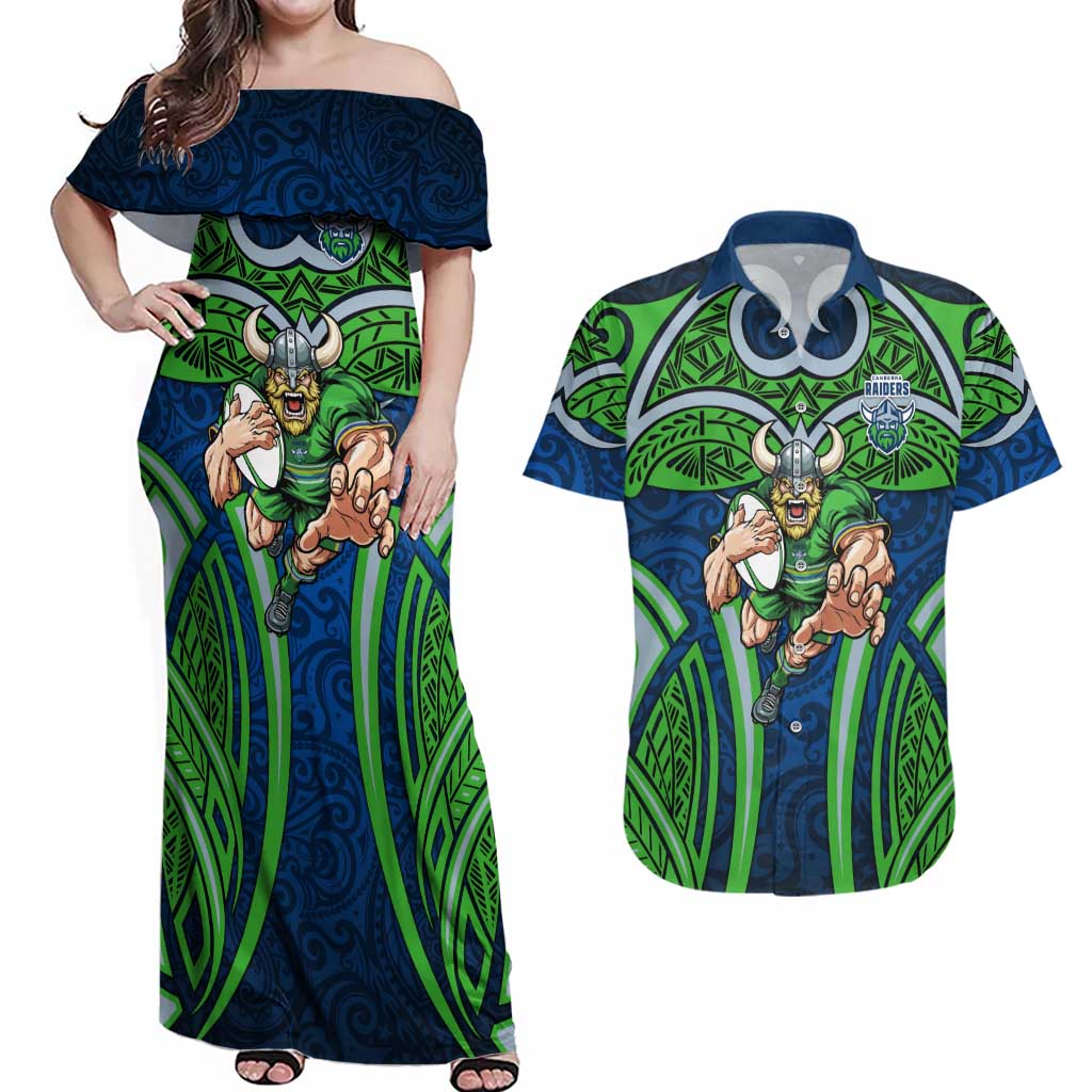 Canberra Raiders Rugby Couples Matching Off Shoulder Maxi Dress and Hawaiian Shirt Polynesian Tribal Viking Warrior Green Blue Pattern