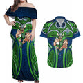 Canberra Raiders Rugby Couples Matching Off Shoulder Maxi Dress and Hawaiian Shirt Polynesian Tribal Viking Warrior Green Blue Pattern