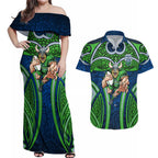 Canberra Raiders Rugby Couples Matching Off Shoulder Maxi Dress and Hawaiian Shirt Polynesian Tribal Viking Warrior Green Blue Pattern