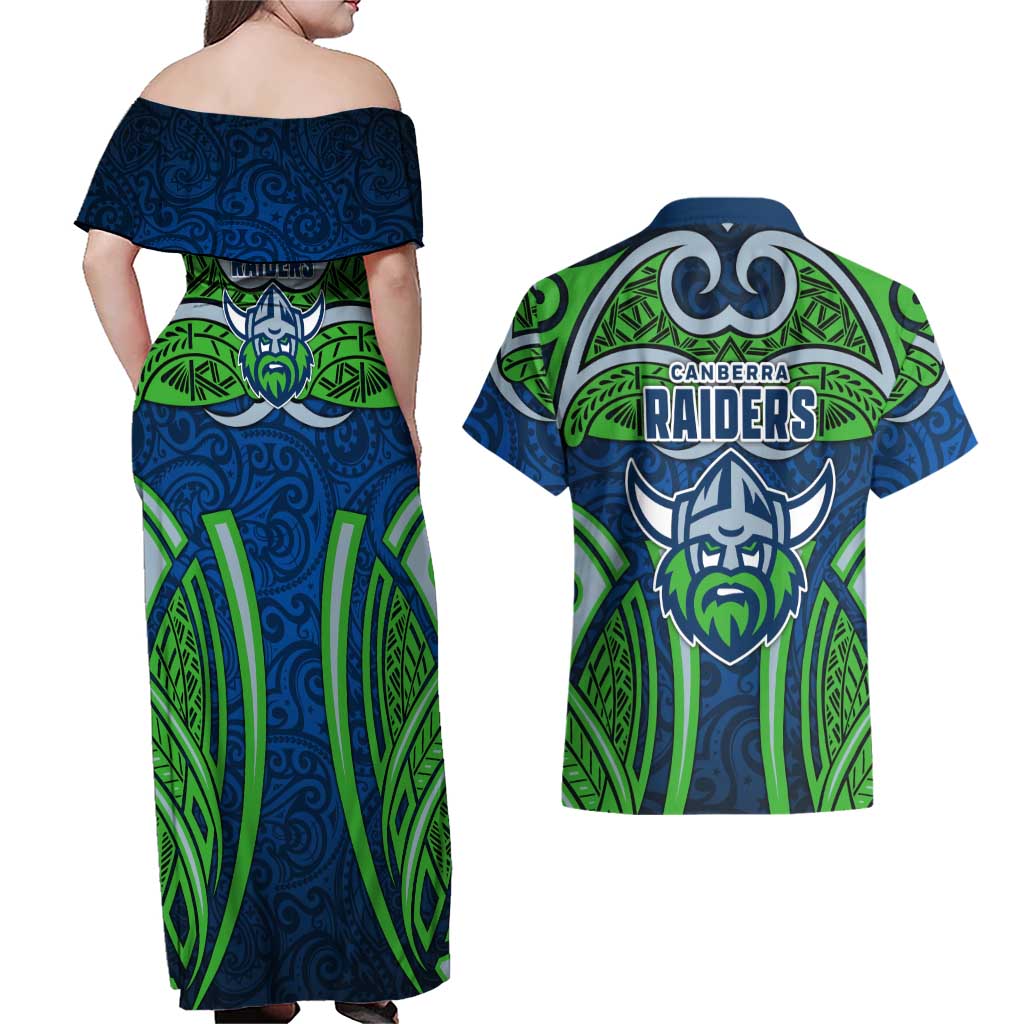 Canberra Raiders Rugby Couples Matching Off Shoulder Maxi Dress and Hawaiian Shirt Polynesian Tribal Viking Warrior Green Blue Pattern