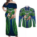 Canberra Raiders Rugby Couples Matching Off Shoulder Maxi Dress and Long Sleeve Button Shirt Polynesian Tribal Viking Warrior Green Blue Pattern