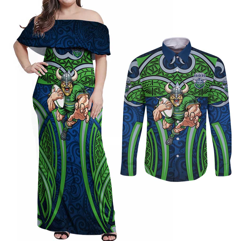 Canberra Raiders Rugby Couples Matching Off Shoulder Maxi Dress and Long Sleeve Button Shirt Polynesian Tribal Viking Warrior Green Blue Pattern