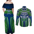 Canberra Raiders Rugby Couples Matching Off Shoulder Maxi Dress and Long Sleeve Button Shirt Polynesian Tribal Viking Warrior Green Blue Pattern