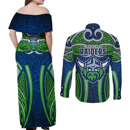 Canberra Raiders Rugby Couples Matching Off Shoulder Maxi Dress and Long Sleeve Button Shirt Polynesian Tribal Viking Warrior Green Blue Pattern