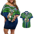 Canberra Raiders Rugby Couples Matching Off Shoulder Short Dress and Hawaiian Shirt Polynesian Tribal Viking Warrior Green Blue Pattern