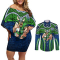 Canberra Raiders Rugby Couples Matching Off Shoulder Short Dress and Long Sleeve Button Shirt Polynesian Tribal Viking Warrior Green Blue Pattern
