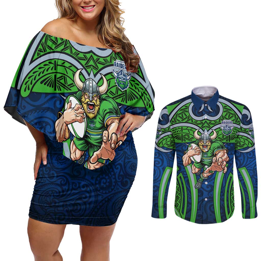 Canberra Raiders Rugby Couples Matching Off Shoulder Short Dress and Long Sleeve Button Shirt Polynesian Tribal Viking Warrior Green Blue Pattern