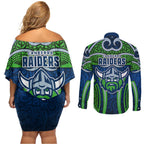 Canberra Raiders Rugby Couples Matching Off Shoulder Short Dress and Long Sleeve Button Shirt Polynesian Tribal Viking Warrior Green Blue Pattern