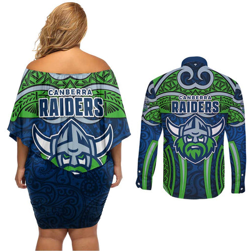 Canberra Raiders Rugby Couples Matching Off Shoulder Short Dress and Long Sleeve Button Shirt Polynesian Tribal Viking Warrior Green Blue Pattern