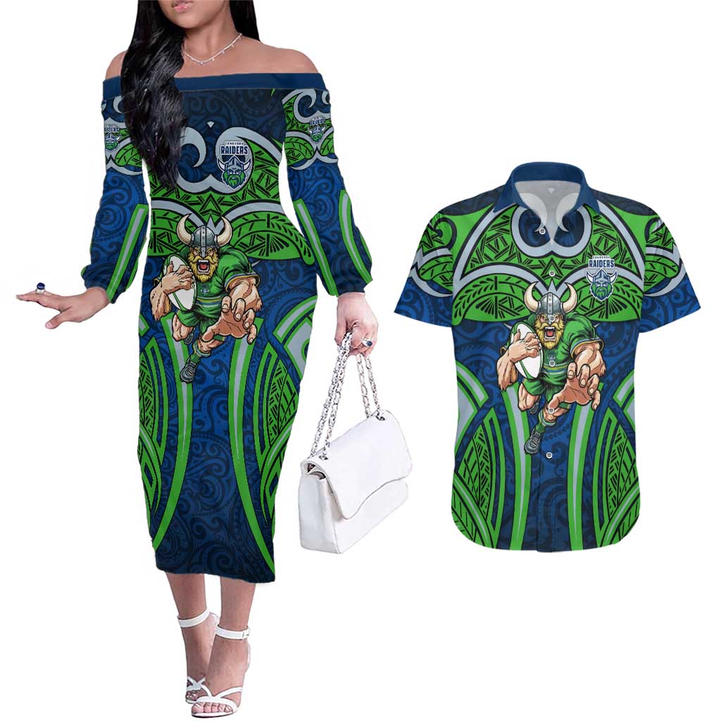 Canberra Raiders Rugby Couples Matching Off The Shoulder Long Sleeve Dress and Hawaiian Shirt Polynesian Tribal Viking Warrior Green Blue Pattern