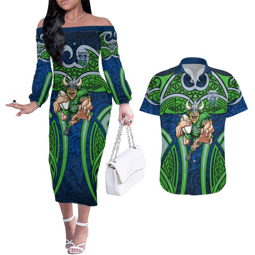 Canberra Raiders Rugby Couples Matching Off The Shoulder Long Sleeve Dress and Hawaiian Shirt Polynesian Tribal Viking Warrior Green Blue Pattern