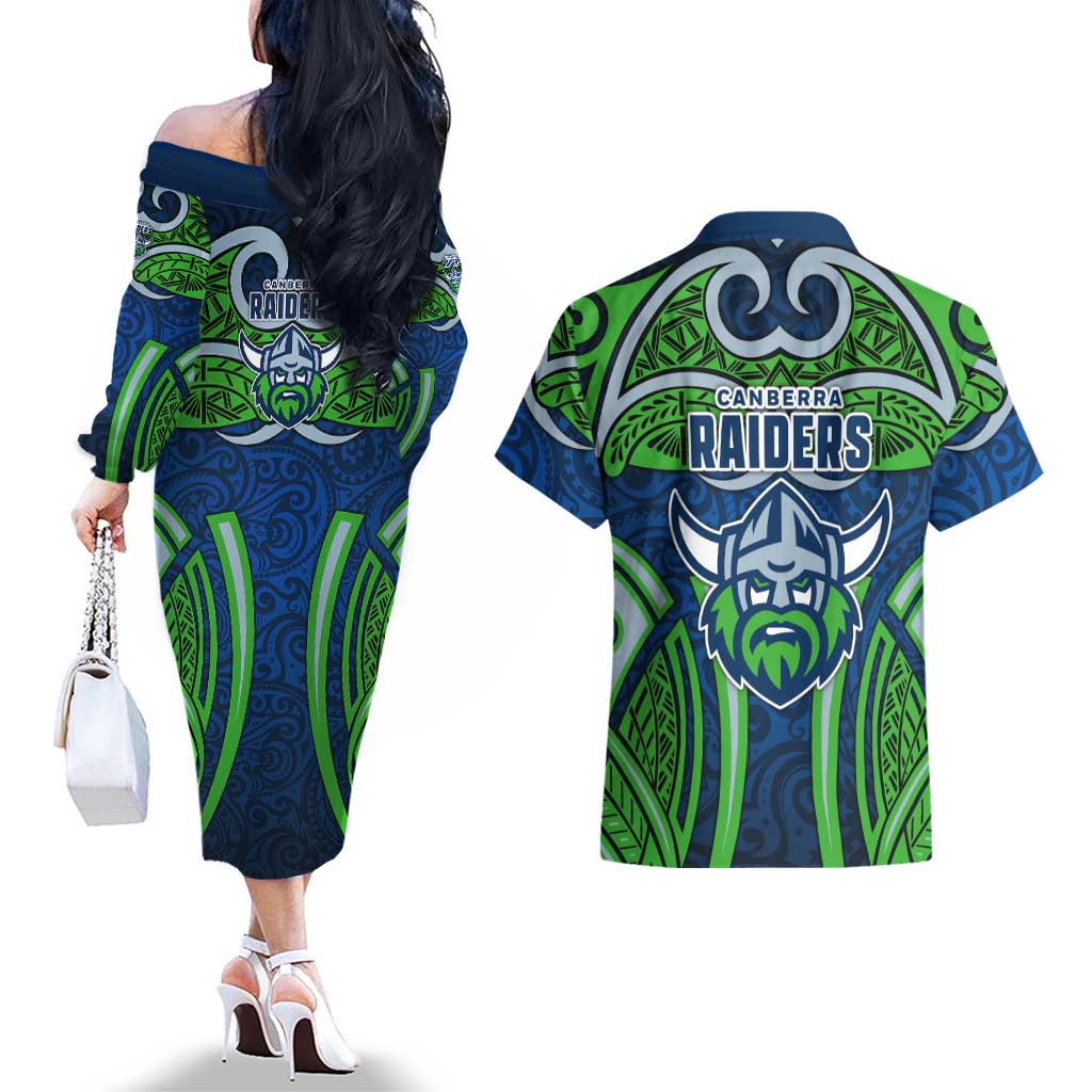 Canberra Raiders Rugby Couples Matching Off The Shoulder Long Sleeve Dress and Hawaiian Shirt Polynesian Tribal Viking Warrior Green Blue Pattern