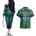 Canberra Raiders Rugby Couples Matching Off The Shoulder Long Sleeve Dress and Hawaiian Shirt Polynesian Tribal Viking Warrior Green Blue Pattern