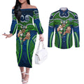 Canberra Raiders Rugby Couples Matching Off The Shoulder Long Sleeve Dress and Long Sleeve Button Shirt Polynesian Tribal Viking Warrior Green Blue Pattern