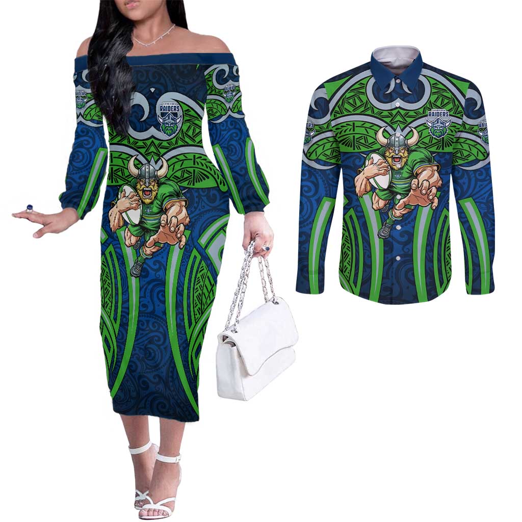 Canberra Raiders Rugby Couples Matching Off The Shoulder Long Sleeve Dress and Long Sleeve Button Shirt Polynesian Tribal Viking Warrior Green Blue Pattern