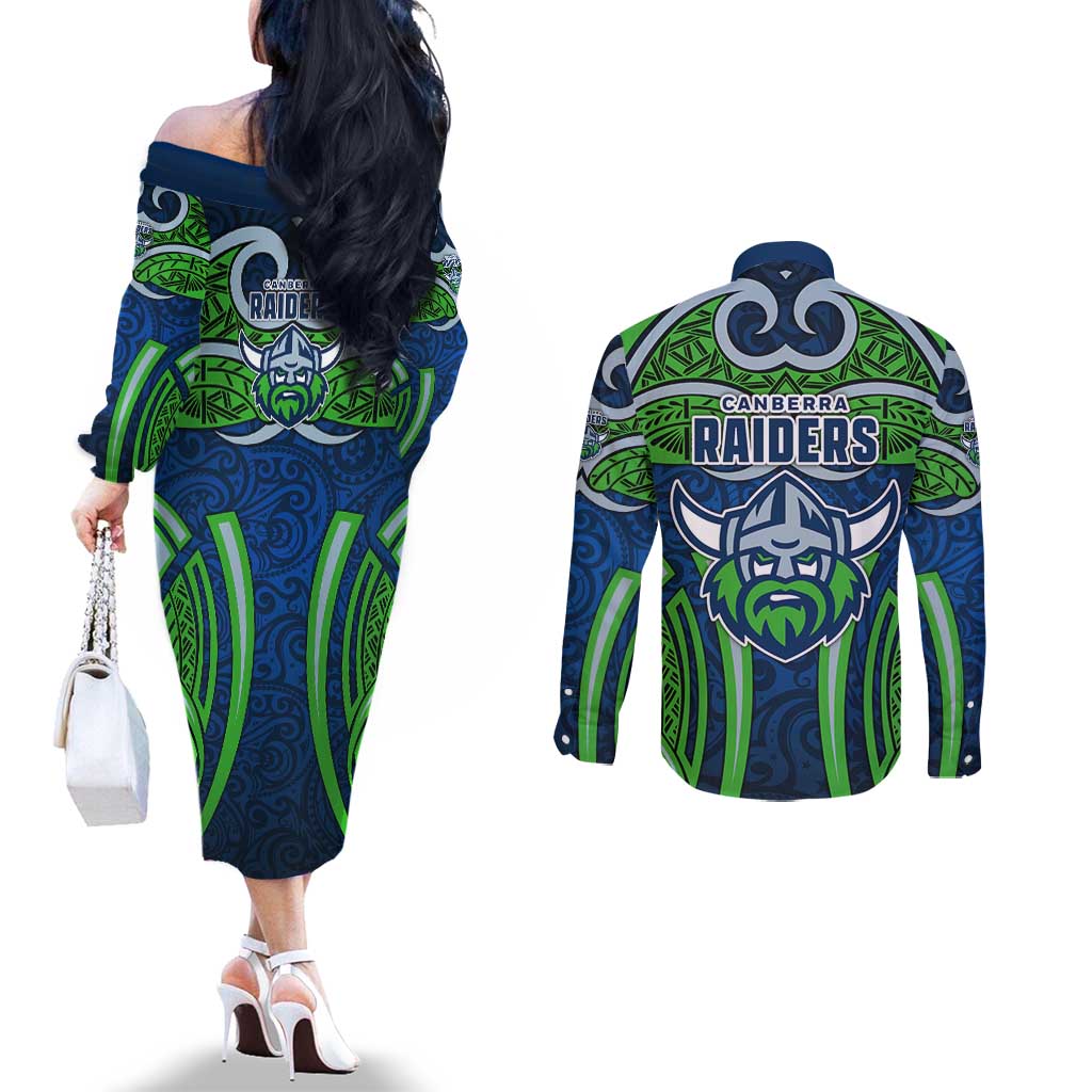 Canberra Raiders Rugby Couples Matching Off The Shoulder Long Sleeve Dress and Long Sleeve Button Shirt Polynesian Tribal Viking Warrior Green Blue Pattern