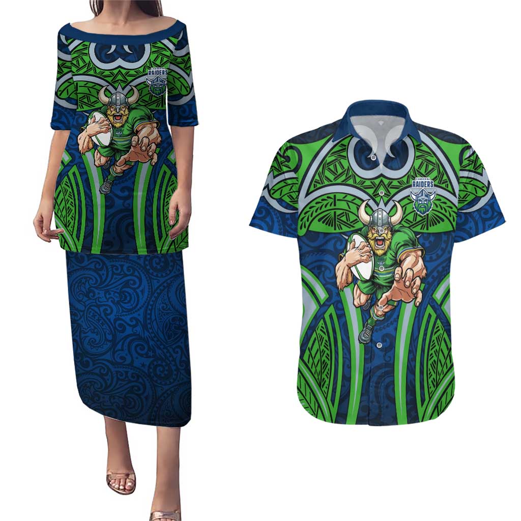 Canberra Raiders Rugby Couples Matching Puletasi and Hawaiian Shirt Polynesian Tribal Viking Warrior Green Blue Pattern