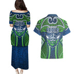 Canberra Raiders Rugby Couples Matching Puletasi and Hawaiian Shirt Polynesian Tribal Viking Warrior Green Blue Pattern