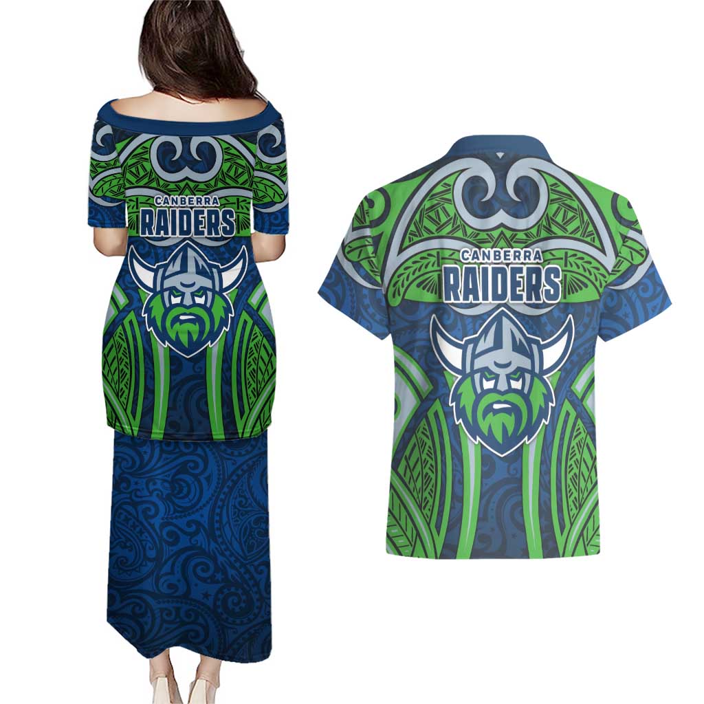 Canberra Raiders Rugby Couples Matching Puletasi and Hawaiian Shirt Polynesian Tribal Viking Warrior Green Blue Pattern