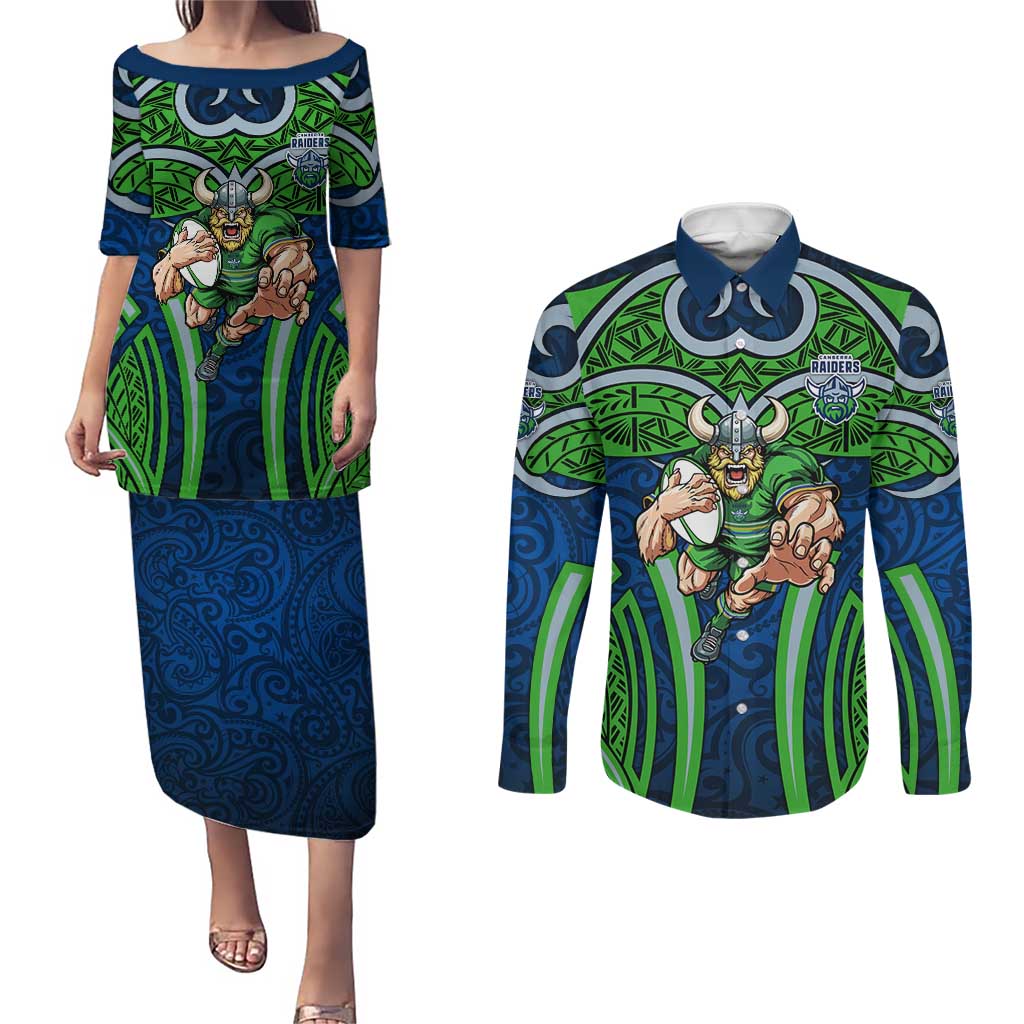 Canberra Raiders Rugby Couples Matching Puletasi and Long Sleeve Button Shirt Polynesian Tribal Viking Warrior Green Blue Pattern