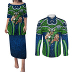 Canberra Raiders Rugby Couples Matching Puletasi and Long Sleeve Button Shirt Polynesian Tribal Viking Warrior Green Blue Pattern