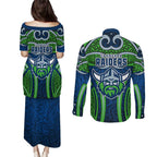 Canberra Raiders Rugby Couples Matching Puletasi and Long Sleeve Button Shirt Polynesian Tribal Viking Warrior Green Blue Pattern