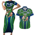 Canberra Raiders Rugby Couples Matching Short Sleeve Bodycon Dress and Hawaiian Shirt Polynesian Tribal Viking Warrior Green Blue Pattern
