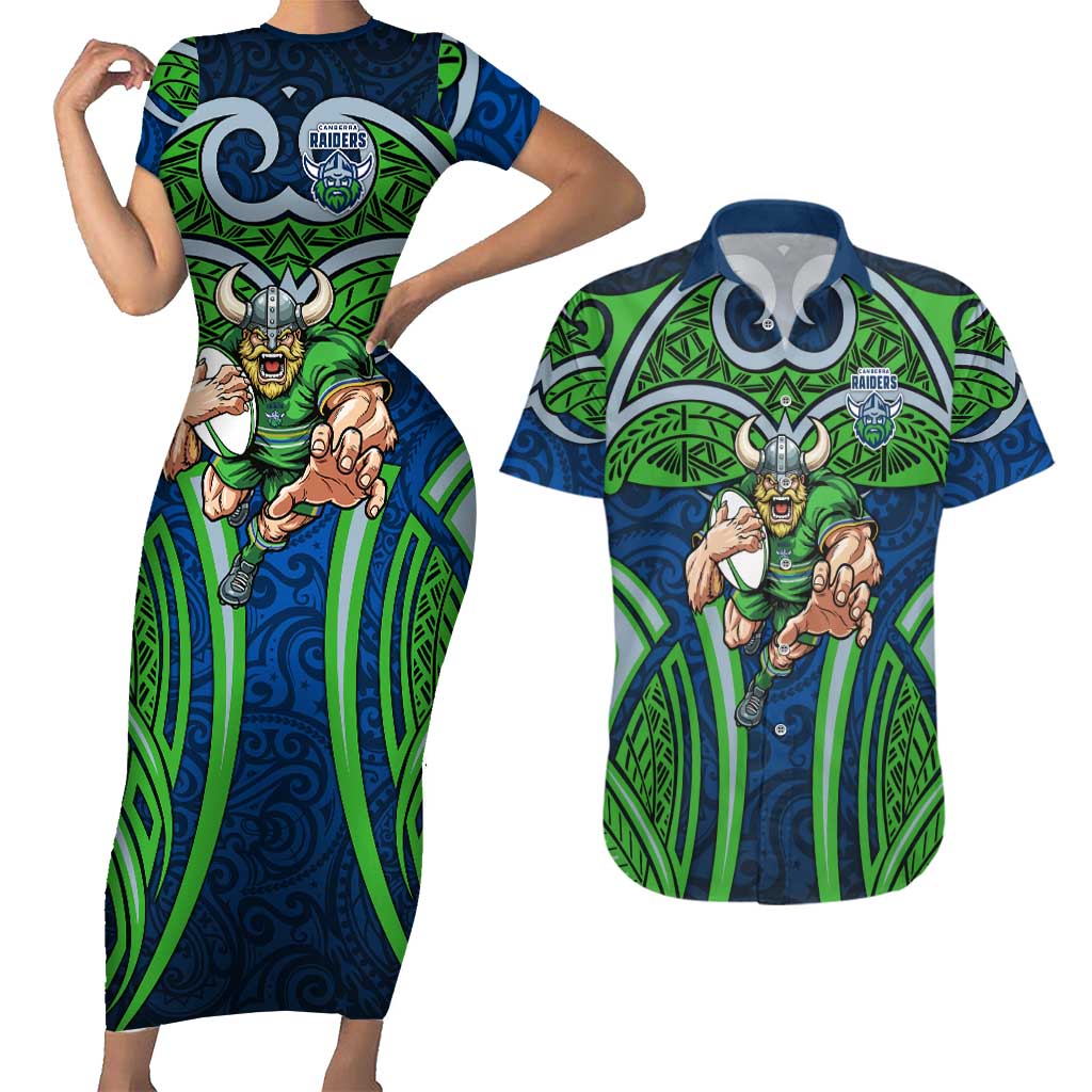 Canberra Raiders Rugby Couples Matching Short Sleeve Bodycon Dress and Hawaiian Shirt Polynesian Tribal Viking Warrior Green Blue Pattern