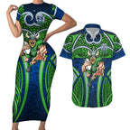 Canberra Raiders Rugby Couples Matching Short Sleeve Bodycon Dress and Hawaiian Shirt Polynesian Tribal Viking Warrior Green Blue Pattern