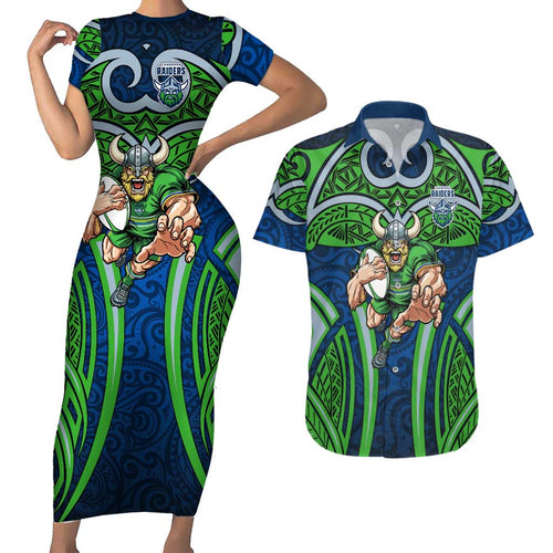 Canberra Raiders Rugby Couples Matching Short Sleeve Bodycon Dress and Hawaiian Shirt Polynesian Tribal Viking Warrior Green Blue Pattern