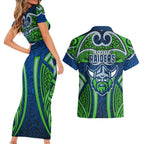 Canberra Raiders Rugby Couples Matching Short Sleeve Bodycon Dress and Hawaiian Shirt Polynesian Tribal Viking Warrior Green Blue Pattern