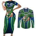 Canberra Raiders Rugby Couples Matching Short Sleeve Bodycon Dress and Long Sleeve Button Shirt Polynesian Tribal Viking Warrior Green Blue Pattern